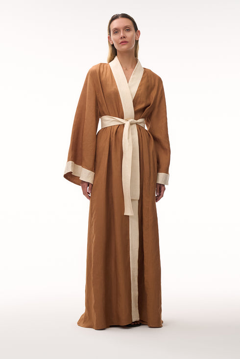 Rafaela Linen Kaftan / Brown & Ivory